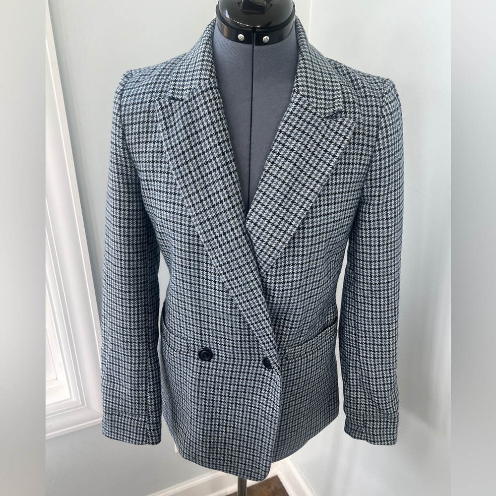 Gap Sz 0 Baby Blue Houndstooth Girlfriend Double Breasted Wool Blend Blazer